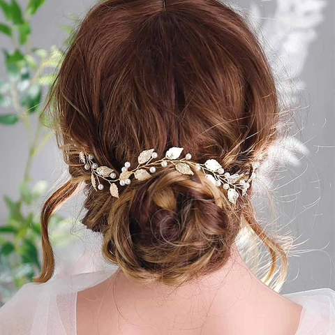 Handgefertigt Gold Blatt Künstliche Perle Braut Haarranke Hochzeit Zubehör Elegant Wald Stil Metall Draht Stirnband Für Damen Party