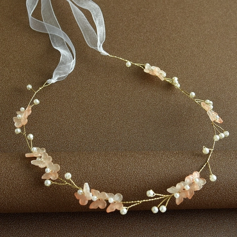 Diadema de Novia Hecha a Mano de Mariposa y Flor Alambre Dorado Perla Artificial con Cinta para Boda Joyería de Mujer