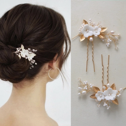 Handmade White Flower Gold Leaf U Shaped Hair Stick For Bride Wedding Elegant Bridal Hair Fork Jewelry Accessories