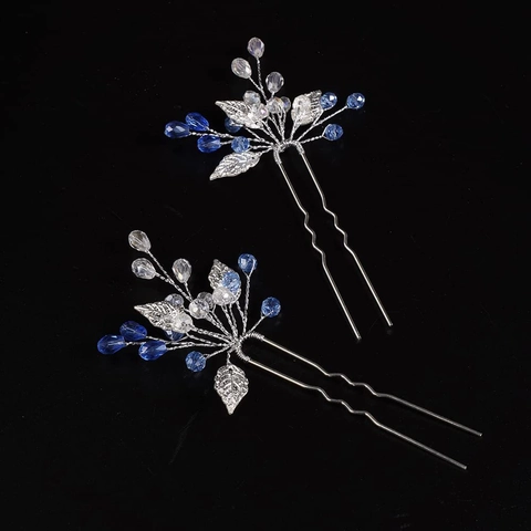 Vintage Alloy Crystal Leaf Hair Pins Gold Silver U-Shaped Hair Forks Sapphire Blue Bridal Wedding Jewelry For Women