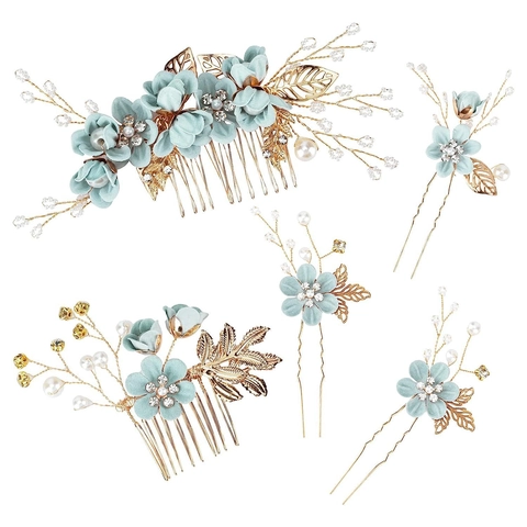 Handmade Floral Bridal Hair Comb Hair Pin Set Alloy Artificial Pearl Rhinestone Headwear For Wedding Banquet Women Jewelry
