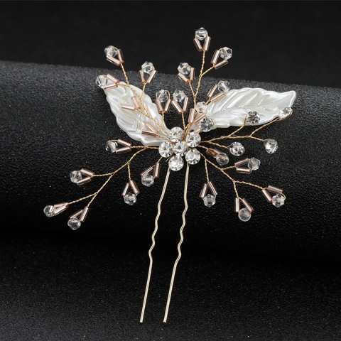 Forcina per Capelli a Forma di U in Lega Fatta a Mano con Strass e Foglia di Resina per Matrimonio Sposa Perla Artificiale