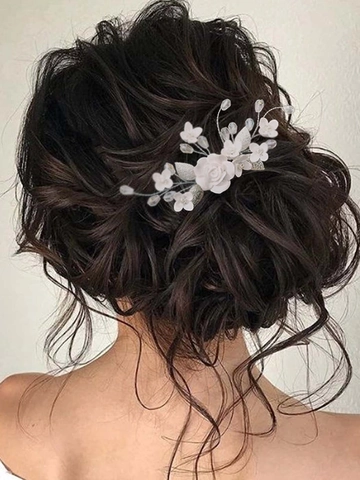Elegante Pettine per Capelli da Sposa con Fiori in Argilla Polimerica Bianca Foglia in Lega Argento Strass Perla Artificiale per Matrimonio Gioielli Donna