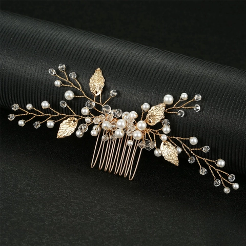Peine de Cabello para Novia de Aleación Dorada Hecho a Mano con Hojas Perlas Artificiales y Strass Elegante Accesorio para Boda Mujer