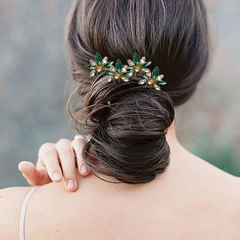 Vintage Alloy Rhinestone U-Shaped Hair Stick Elegant Floral Crystal Hair Pin For Women Bridal Wedding Party Hair Accessories