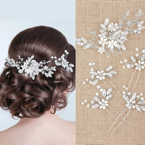 Pettine per Capelli da Sposa Fatto a Mano Strass Perla Artificiale Floreale Foglia Accessori per Capelli per Donna Oro Argento