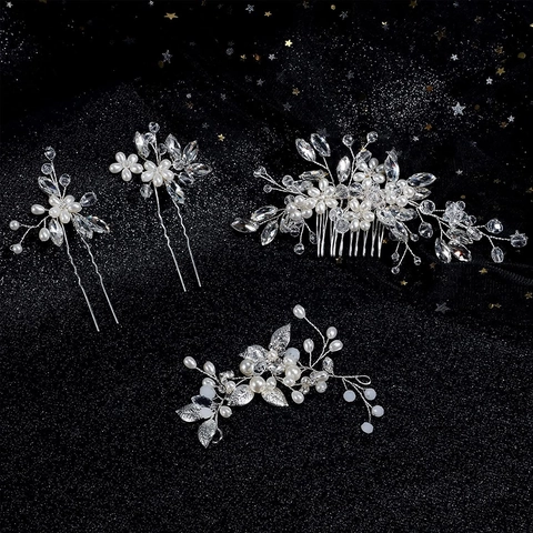 Juego de Peine de Pelo de Novia Con Alambre de Metal Perla Artificial Strass Flor Hoja Horquillas para Boda Fiesta Mujer Joyería