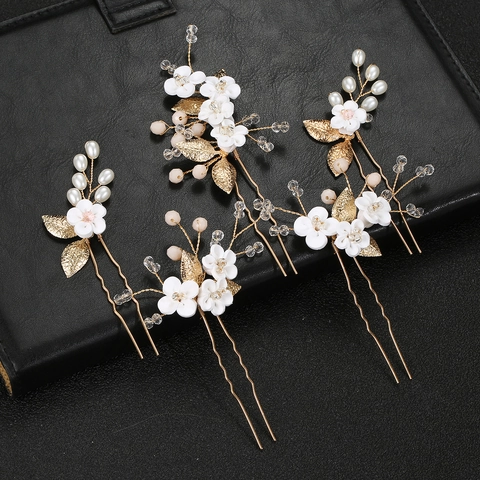 Elegantes Horquillas de Flores Blancas Con Hojas de Metal para Mujer Diamantes de Imitación Perla Artificial Boda