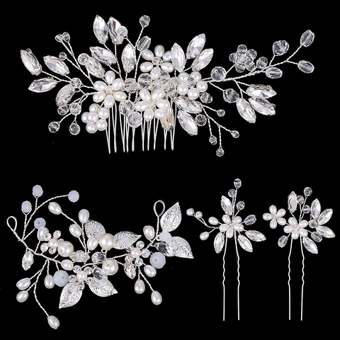 Juego de Peine de Pelo de Novia Con Alambre de Metal Perla Artificial Strass Flor Hoja Horquillas para Boda Fiesta Mujer Joyería