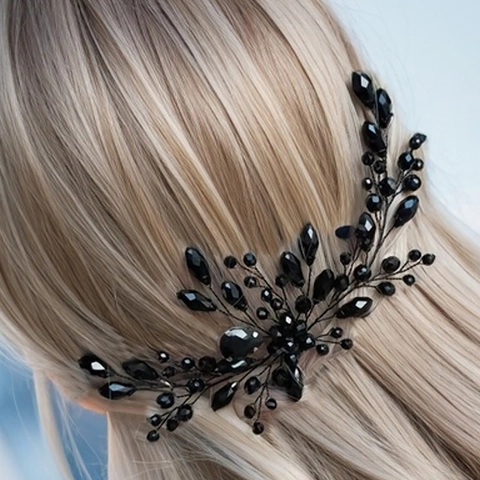Bacchetta per Capelli a Forma di U in Cristallo Nero Fatta a Mano per Donna Vite di Ramo Orecchini per Capelli Vintage Elegante Accessorio Matrimonio