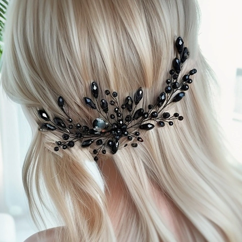 Bacchetta per Capelli a Forma di U in Cristallo Nero Fatta a Mano per Donna Vite di Ramo Orecchini per Capelli Vintage Elegante Accessorio Matrimonio