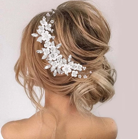Elegante Witte Bloem Zilveren Blad Bruid Haarwijnstok Handgemaakte Strass Kunstparel Bruiloft Haarband Hoofdsieraad Voor Vrouwen