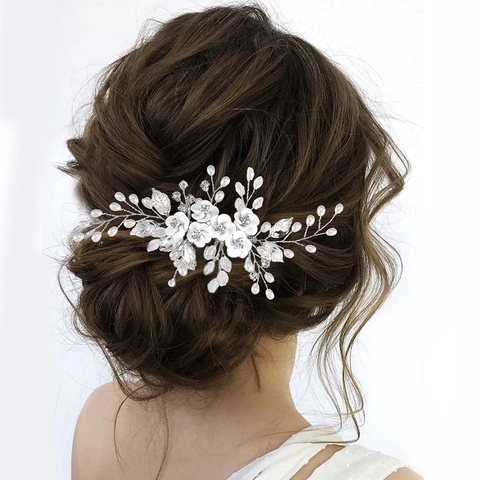 Handgemaakte Bruid Haarkam Met Kunstparel Strass Metalen Blad Elegante Bruiloft Haar Sieraden Voor Dames