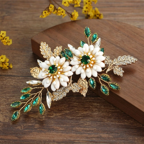 Vintage Legering Bloem Haarklem Met Smaragdgroen Rood Blauw Strass Floral Blad Bruidskapsel Voor Vrouwen Bruiloft Haaraccessoires