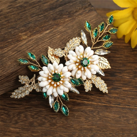 Vintage Legering Bloem Haarklem Met Smaragdgroen Rood Blauw Strass Floral Blad Bruidskapsel Voor Vrouwen Bruiloft Haaraccessoires