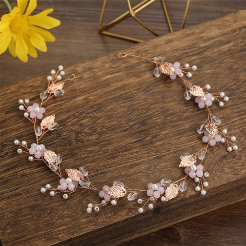 Roségold Legierung Blume Blatt Braut Haarrebe Künstliche Perle Strass Handgemachte Hochzeit Stirnband Für Damen Schmuck