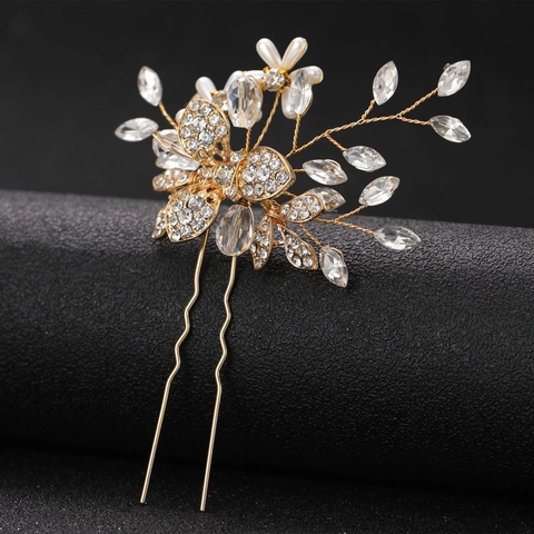 Horquilla de Pelo de Novia de Aleación de Lujo con Strass Dorado en Forma de U Accesorio de Boda Flor con Perla Artificial