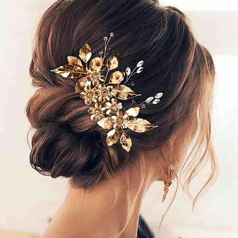 Handgemachter Legierung Blumen Blatt Braut Haarkamm Mit Strass Kristall Akzenten Eleganter Hochzeitskopfschmuck Haar Accessoire