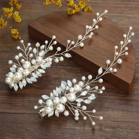 Handmade Faux Artificial Pearl Rhinestone Hair Clips Bridal Wedding Branch Flower Hair Accessories Gold Silver Headpiece For Women