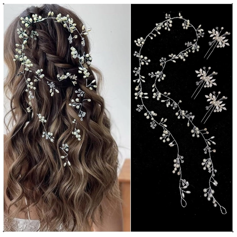Tralcio per Capelli E Forcine da Sposa Perla Artificial Cristallo Strass Foglia Accessori per Capelli Donna Matrimonio Festa Oro Argento