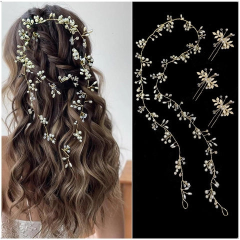 Tralcio per Capelli E Forcine da Sposa Perla Artificial Cristallo Strass Foglia Accessori per Capelli Donna Matrimonio Festa Oro Argento