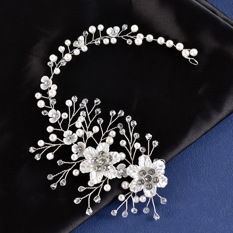Handmade Bridal Floral Hair Vine With Artificial Pearl Rhinestone Silver Wedding Headband For Brides Bridesmaids Accessory