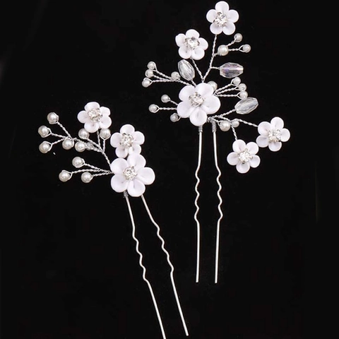 Horquillas de Novia Palillos en U Aleación Perla Artificial Diamantes de Imitación Flor Tocado para Novia Boda Fiesta Joyería