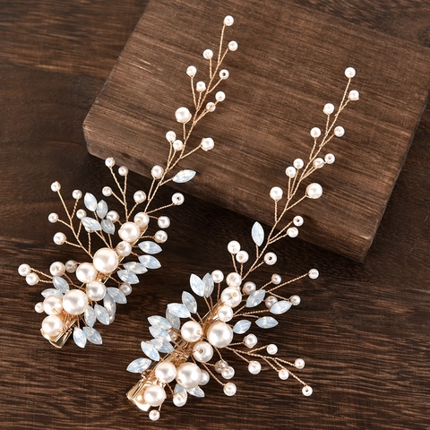 Handmade Faux Artificial Pearl Rhinestone Hair Clips Bridal Wedding Branch Flower Hair Accessories Gold Silver Headpiece For Women