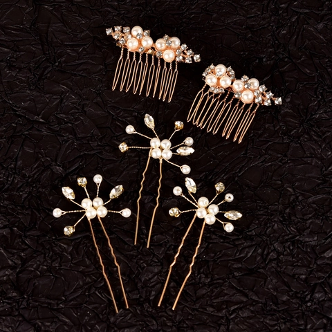 Ensemble de Peignes et Épingles à Cheveux Vintage Floral Künstliche Perles de Culture Strass Accessoires Cheveux Mariée Alliage Femmes