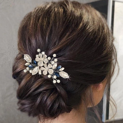 Peine para el Cabello de Novia Plateado Con Flor de Diamantes de Imitación Azul Hoja Elegante Perla Artificial Para Mujer