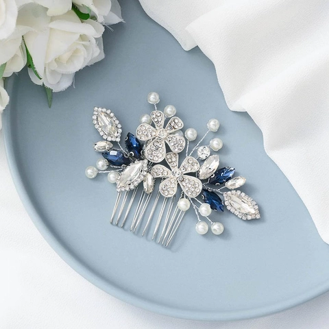 Peine para el Cabello de Novia Plateado Con Flor de Diamantes de Imitación Azul Hoja Elegante Perla Artificial Para Mujer