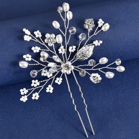 Handgemachte Braut Haargabel Legierung Künstliche Perlenimitat Kristall Blume Blatt U-förmige Haarnadel Hochzeit Bankett Kopfschmuck
