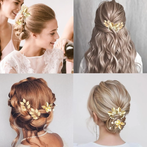 Set de Horquillas para el Pelo de Novia Hoja de Oro Perla Artificial Flor Aleación en U para Boda Banquete Fiesta Accesorios Elegantes