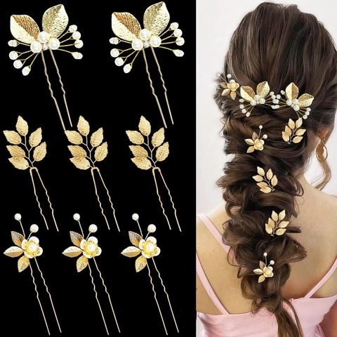 Set de Horquillas para el Pelo de Novia Hoja de Oro Perla Artificial Flor Aleación en U para Boda Banquete Fiesta Accesorios Elegantes