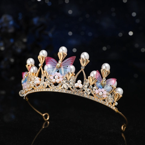 Lussuosa Corona da Sposa in Lega con Strass e Künstliche Perle Tiara a Farfalla in Rete per Matrimonio Festa di Compleanno Accessori Capelli Donna