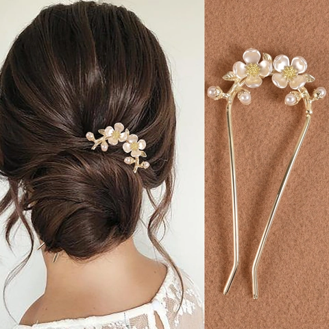 Vintage Blume Künstliche Perle U-Form Haarstab Für Damen Gold Legierung Chinesischer Stil Harz Blütenblatt Haargabel Hochzeit Haarschmuck
