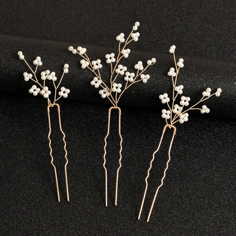 Handmade Artificial Pearl Hair Pins U-Shaped Metal Vine Hair Sticks Bridal Wedding Crystal Floral Hair Fork Women Hair Accessories