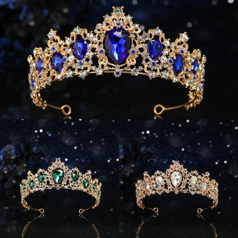 Corona Tiara Barocca di Lusso in Lega Cristallo a Goccia d'Acqua Oro Sposa Matrimonio Compleanno Strass Copricapo Donna