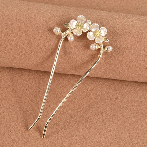 Vintage Blume Künstliche Perle U-Form Haarstab Für Damen Gold Legierung Chinesischer Stil Harz Blütenblatt Haargabel Hochzeit Haarschmuck