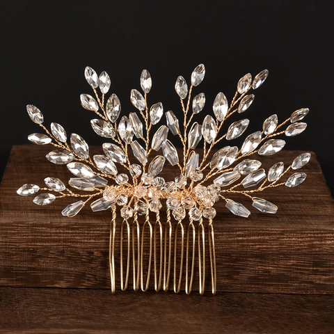 Handmade Alloy Crystal Bridal Hair Comb Elegant Rhinestone Wedding Hair Piece Flower Leaf Gold Silver Women Hair Accessories