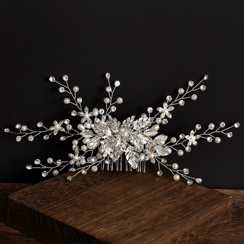 Pettine per Capelli da Sposa Fatto a Mano in Lega Perla Artificiale Strass Fiore Foglia Accessori per Capelli da Matrimonio per Donna Gioielli