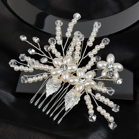 Pettine per Capelli da Sposa Fatto a Mano Perla Artificiale Floreale Strass Argento Pettine Laterale per Donna