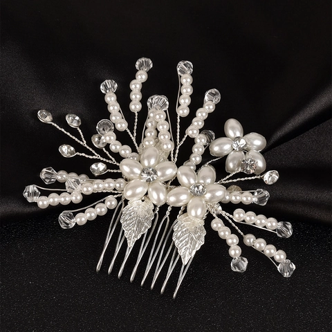 Pettine per Capelli da Sposa Fatto a Mano Perla Artificiale Floreale Strass Argento Pettine Laterale per Donna