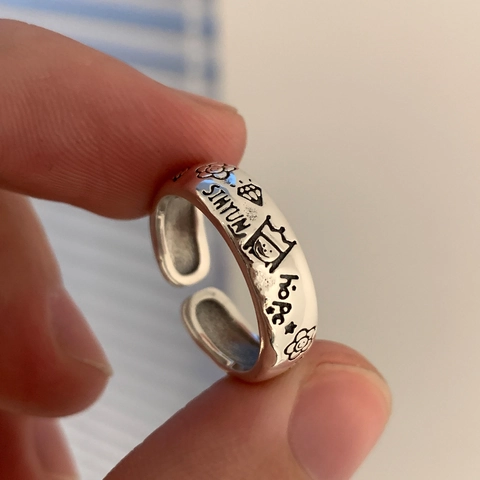 Anello Aperto Regolabile in Rame Vintage per Donna Retro Graffiti Fiore Corona Design Inciso Gioielli di Moda Regalo