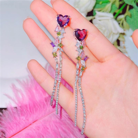 Orecchini a Cuore Viola con Nappa Lunga per Donna in Rame e Strass Orecchini Pendenti con Perno in Argento Sterling 925