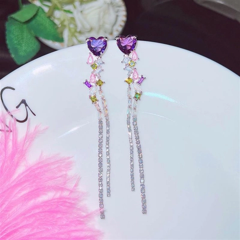 Orecchini a Cuore Viola con Nappa Lunga per Donna in Rame e Strass Orecchini Pendenti con Perno in Argento Sterling 925