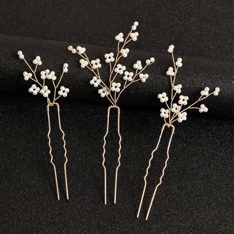 Handmade Artificial Pearl Hair Pins U-Shaped Metal Vine Hair Sticks Bridal Wedding Crystal Floral Hair Fork Women Hair Accessories