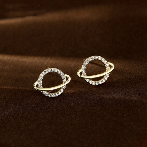 Orecchini a Bottone Pianeta Saturno Con Perno in Argento Sterling 925 Rame Placcato Oro Zirconia Gioielli Donna