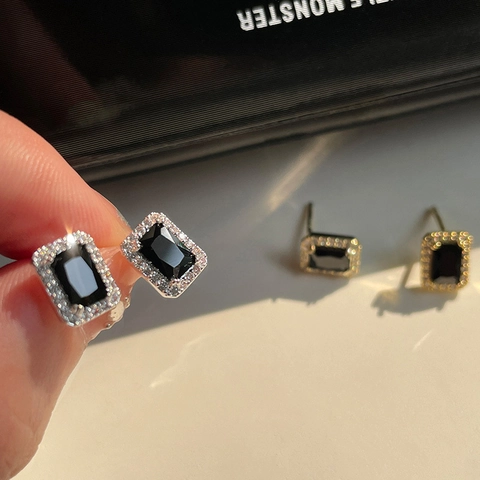 Pendientes de Botón Cuadrados de Zirconia Negra Vintage Con Poste de Plata de Ley 925 Joyas de Lujo de Cobre Oro Plata para Mujer