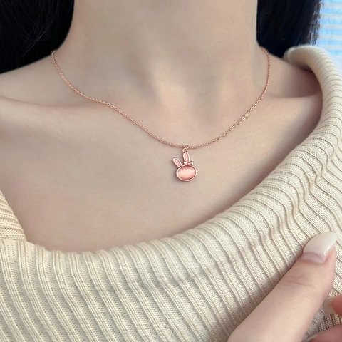 Sweet Pink Cat's Eye Rabbit Pendant Necklace Rose Gold Plated Copper Bow Animal Jewelry For Women Friends Birthday Gift